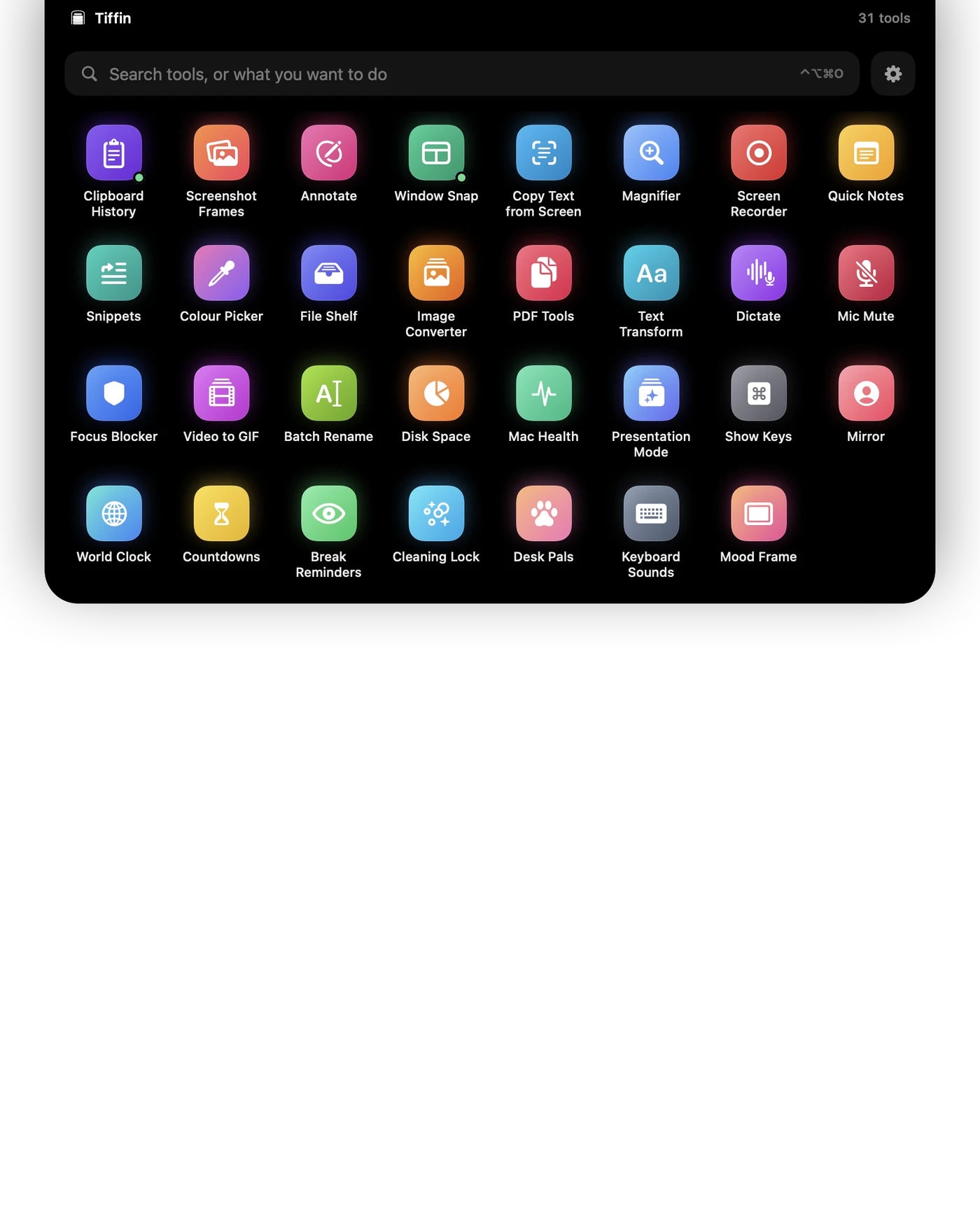 Tiffin dropped down from the notch: a search field and every tool as a colourful icon, Clipboard History first