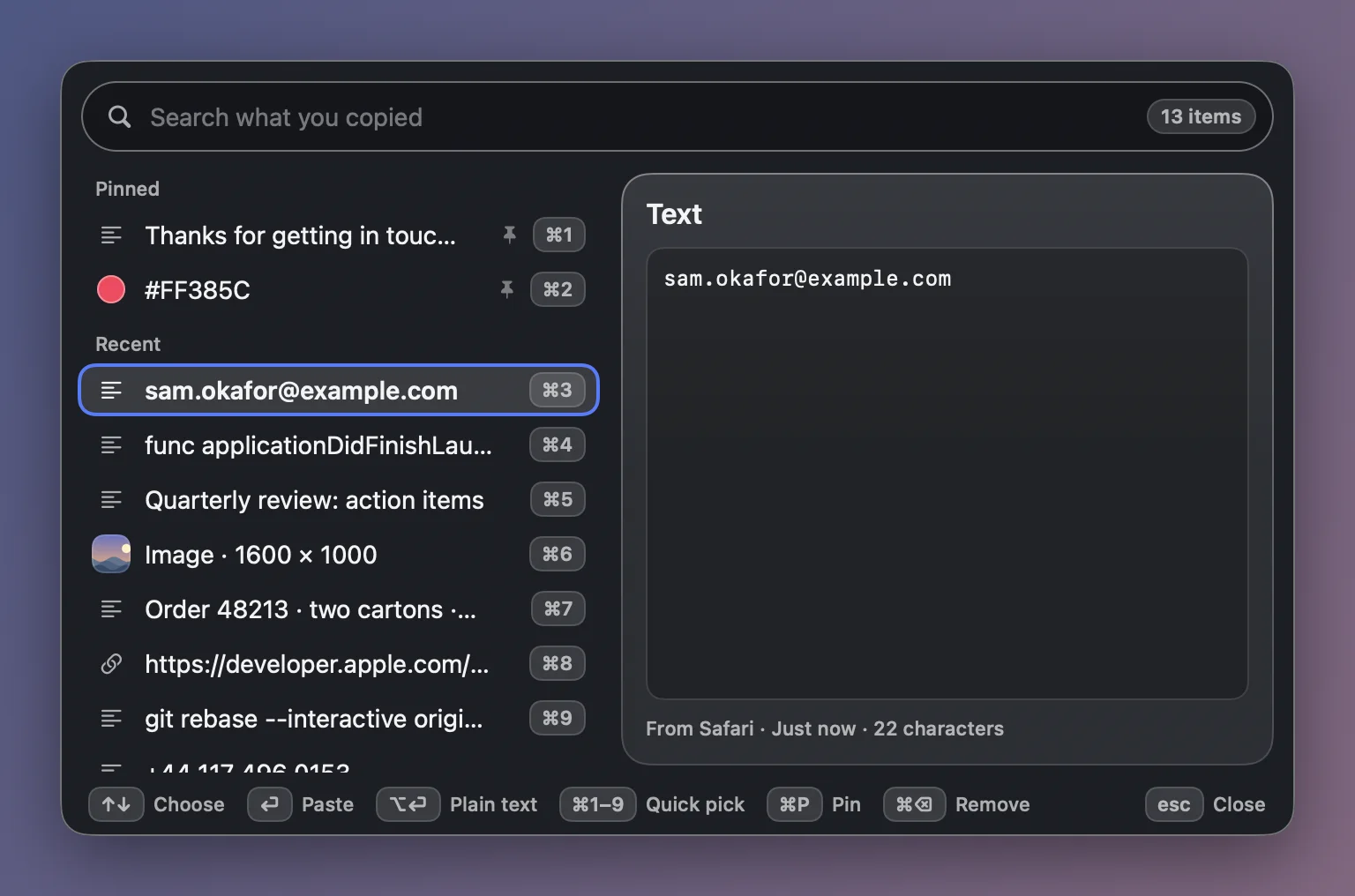 Clipboard History: a search box, pinned items, recent copies with β numbers, and a preview