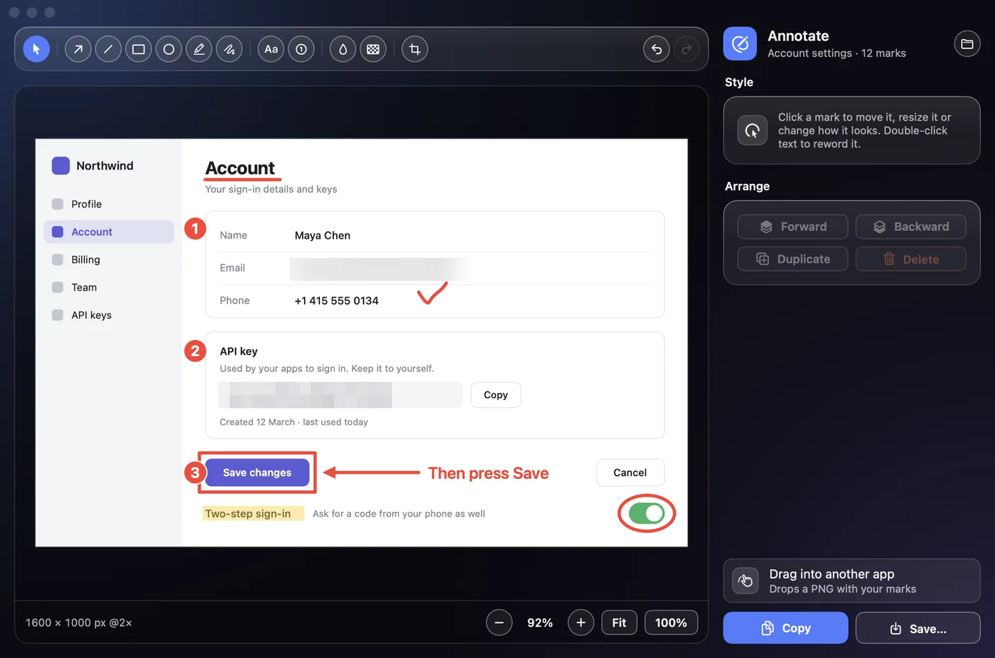 Annotate: a screenshot with numbered steps, an arrow and a blurred field