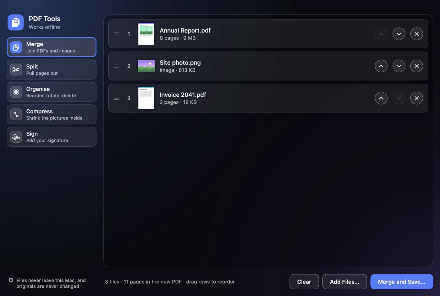 PDF Tools open: three files ready to merge
