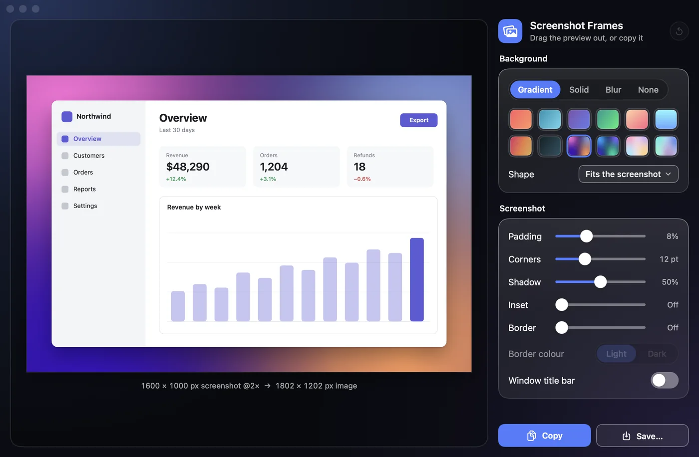 Screenshot Frames: a dashboard screenshot on a gradient, with background, padding, corners and shadow controls