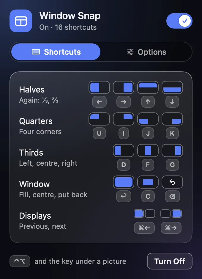 Window Snap's panel: halves, quarters, thirds, window and display shortcuts